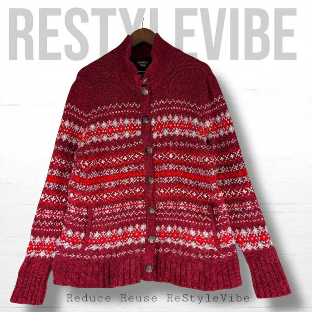 EDDIE BAUER Women’s Size XL Sweater Cardigan Button Front Wool Blend Argyle